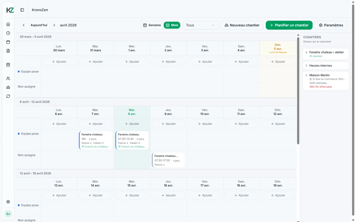 Grille planning KronoZen — vue hebdomadaire avec équipes et chantiers