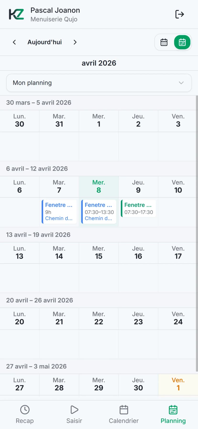 Planning employé KronoZen — vue semaine sur mobile