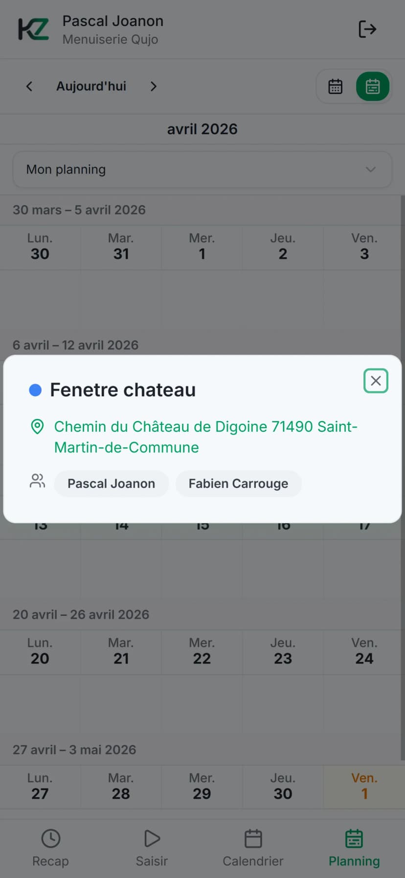 Détail d'un slot planning — adresse chantier et membres
